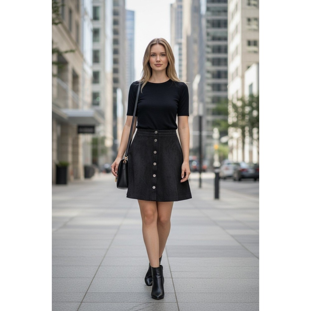 Pure Navy Black Faux Suede Button Front A-Line Mini Skirt Womens‎ Size 0